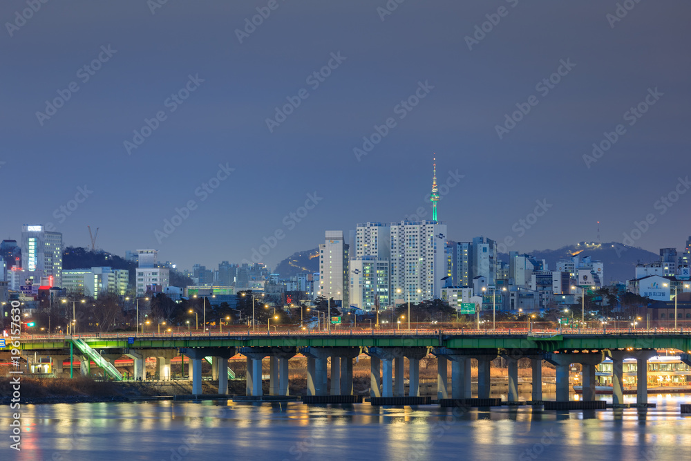 Night view of Seoul city and Han river in Korea