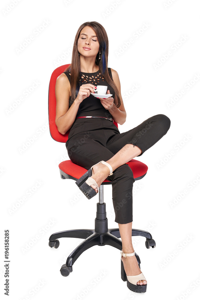 Smiling business woman relaxing with coffee cup sitting in office chair enjoying with closed eyes, isolated on white background Smiling business woman relaxing with coffee cup sitting in office chair enjoying with closed eyes, isolated on white background