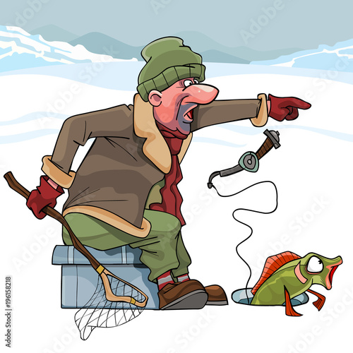 cartoon cunning fisherman catches fish in winter