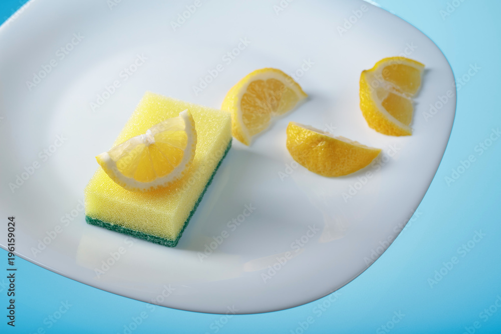White plate and dish sponge . White plate and dish sponge .