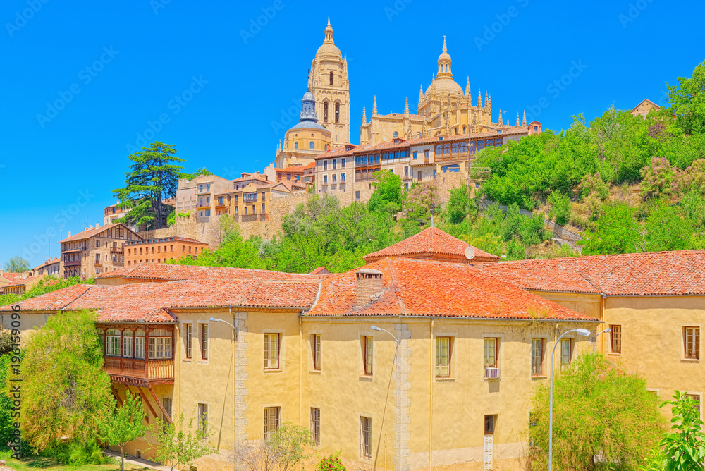 Panoramic landscape at the ancient city and cathedral of Segovia