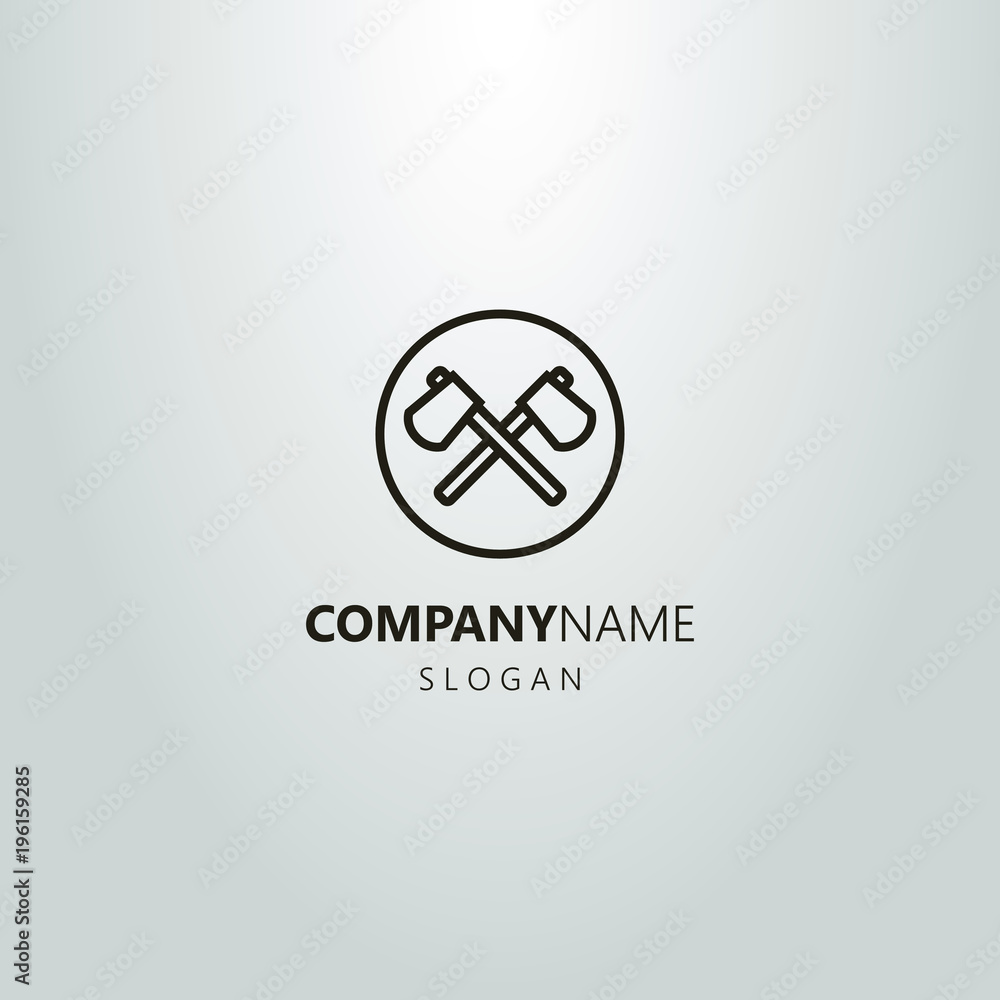 black and white linear logo of two crossed axes in a round frame black and white linear logo of two crossed axes in a round frame