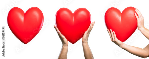 Set of hands holding hearts over isolated white background