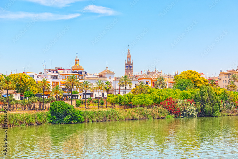 View on downtown of Seville and Guadalquivir River Promenade.