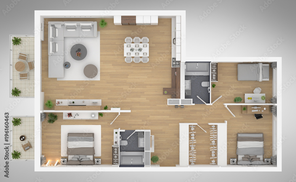 Home floor plan top view 3D illustration. Open concept living apartment layout - obrazy, fototapety, plakaty 