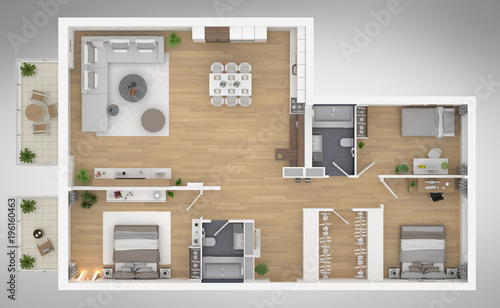 Home floor plan top view 3D illustration. Open concept living apartment layout