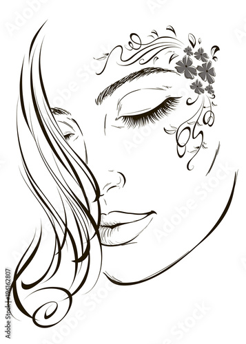 Graphic image of a young fashion girl with a floral tattoo on her face for design. Vector illustration