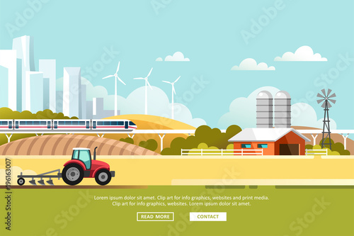 Agriculture and Farming. Agribusiness. Rural landscape with silhouette megapolis and train rail. Design elements for info graphic, websites and print media. Vector illustration.