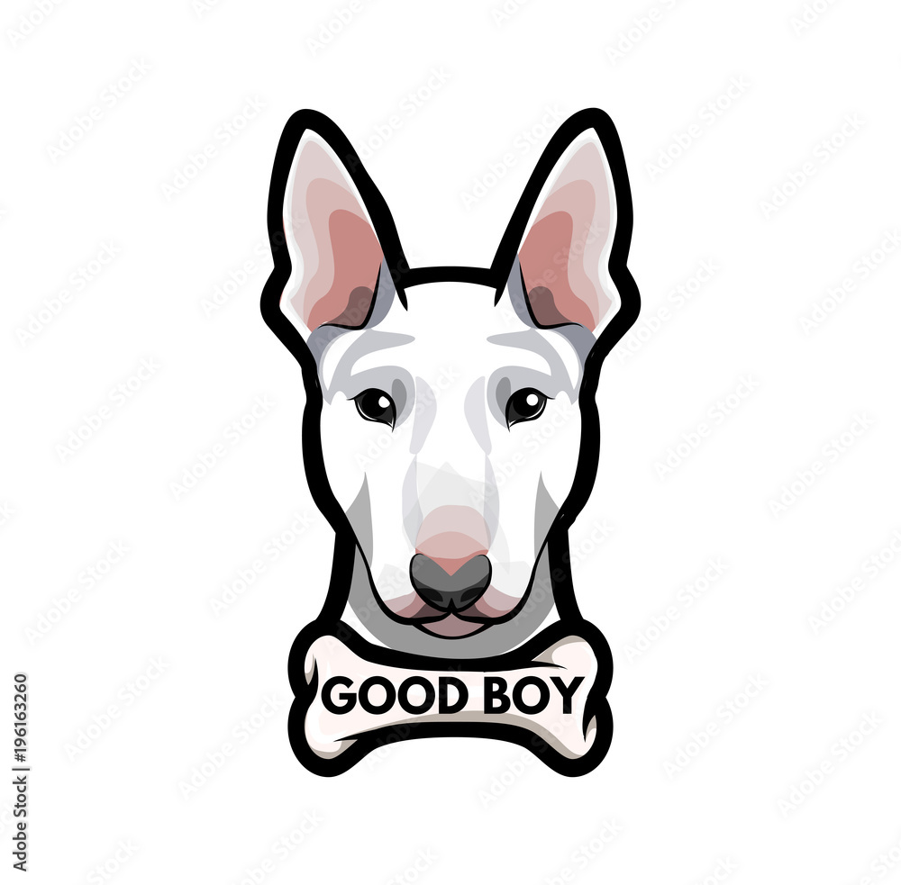 Puppy Bull Terrier with bone. Good boy lettering.  illustration.
