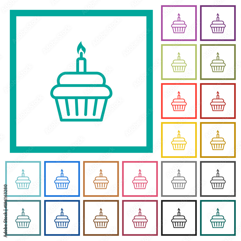 Birthday cupcake flat color icons with quadrant frames