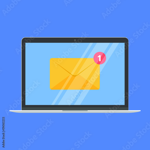 Modern device - laptop, notebook, netbook pc flat design with new message envelope on the screen icon vector illustration. No keybord technology concept of postal email sending and recieving letters.
