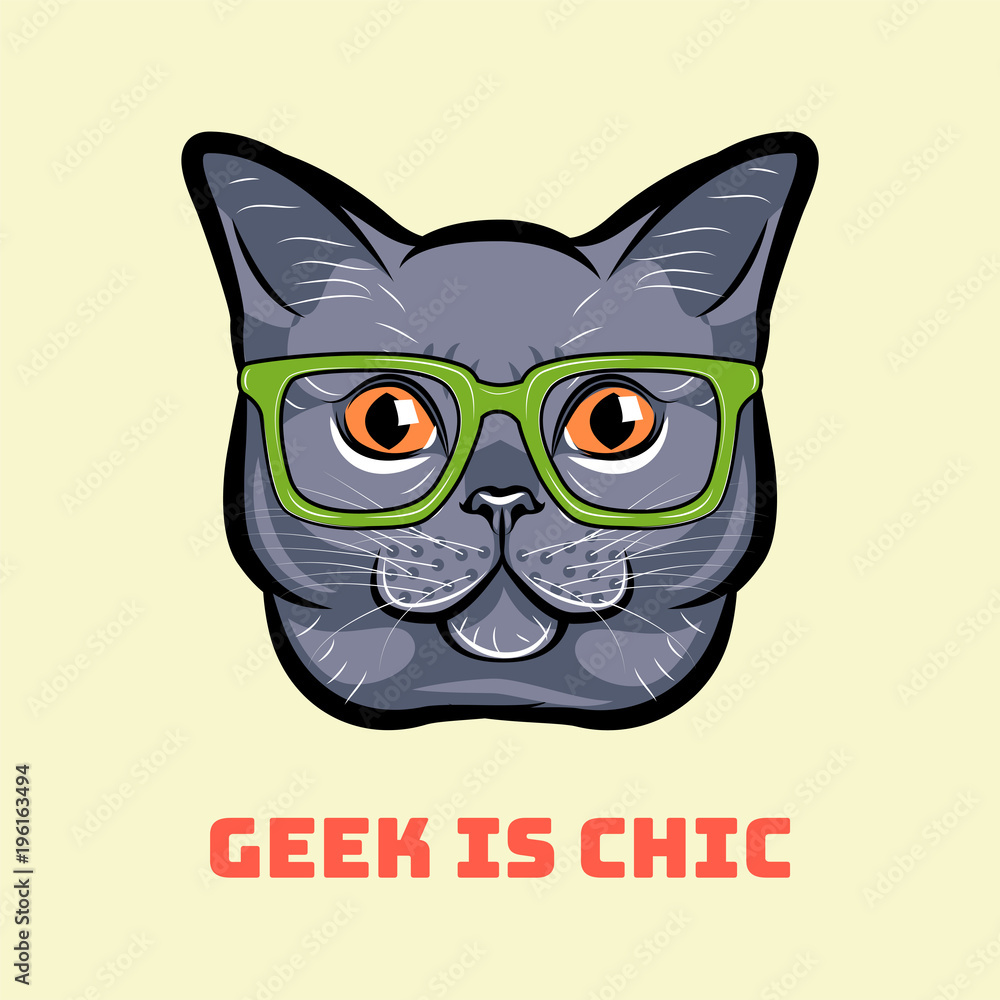 Muzzle of gray cat wearing in glasses. Cat geek.  illustration.