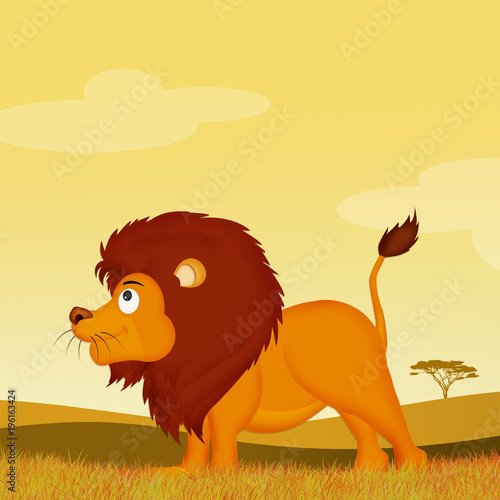 Fototapeta Naklejka Na Ścianę i Meble -  illustration of lion in African landscape