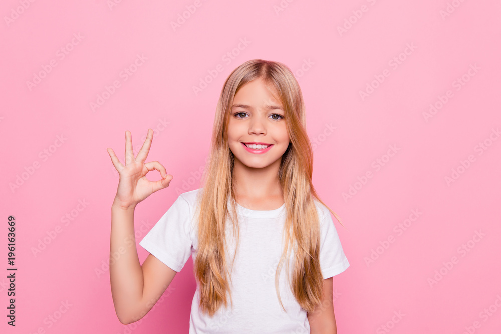 Elementary dream dreamy perfect excellent studying learning concept. Portrait of cute lovely beautiful adorable sweet with beaming smile in white tshirt girl making ok symbol isolated pink background Elementary dream dreamy perfect excellent studying learning concept. Portrait of cute lovely beautiful adorable sweet with beaming smile in white tshirt girl making ok symbol isolated pink background