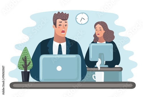 Cartoon flat illustration - problems with the computer. The error message icon. Scared office worker, screaming, holding his head.