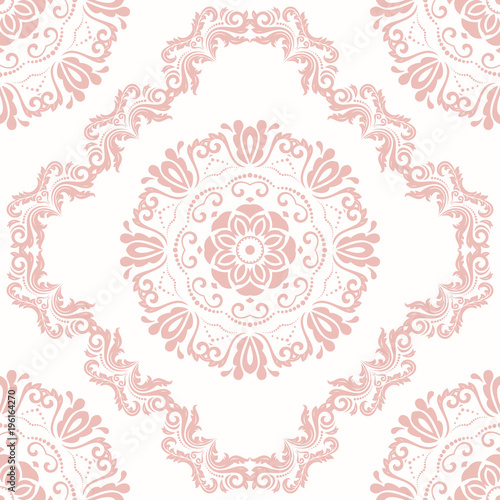 Classic seamless vector pattern. Damask orient light pink ornament. Classic vintage background