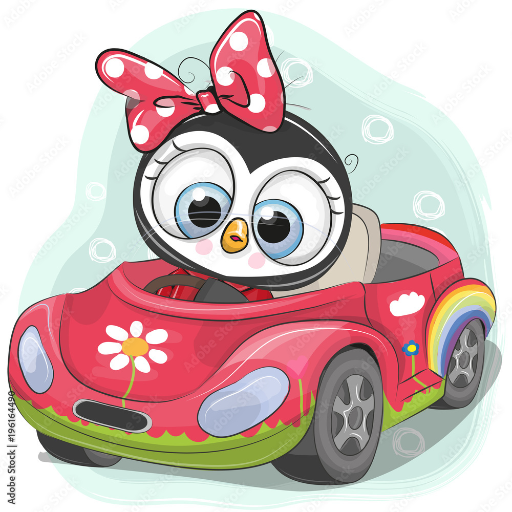 Fototapeta premium Cute Penguin Girl goes on the car