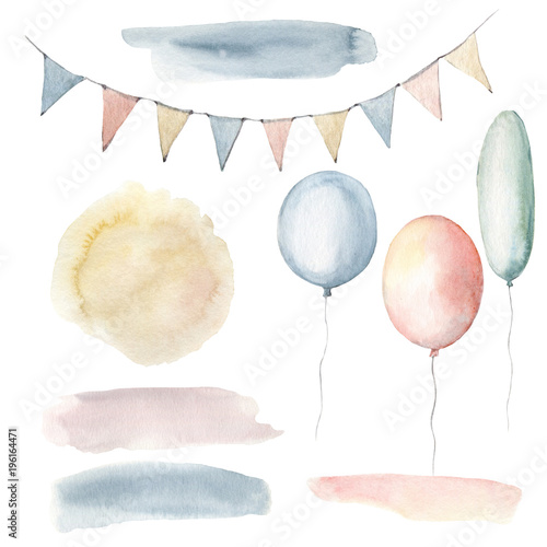 Watercolor childhood clipart. Watercolor balloons and flags.