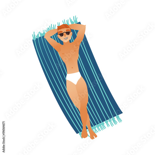 Vector cartoon handsome young man sunbathing lying at mattress on beach or near swimming pool. Vacation summer travelling and holiday concept. Isolated illustration on a white background