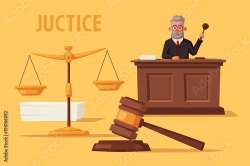 Judge character with hammer. Cartoon vector illustration