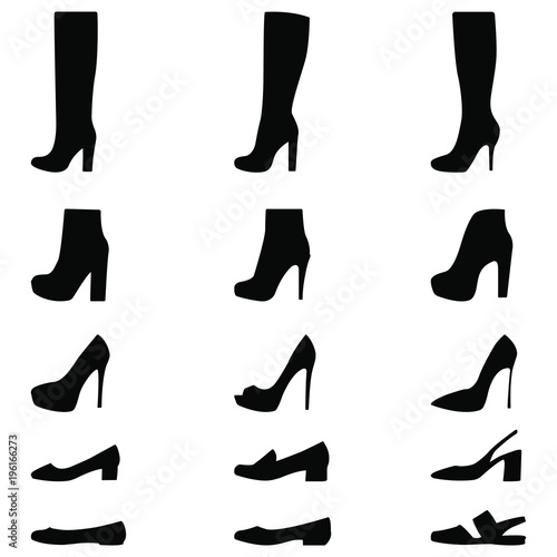 Set of icons of women's shoes. Vector shoes silhouette. Black on white. 