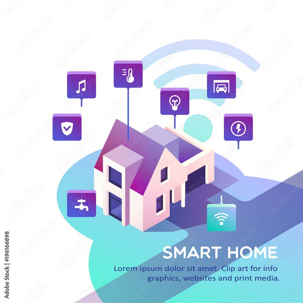 Smart home. Concept of house technology system with centralized control. Isometric vector illustration.