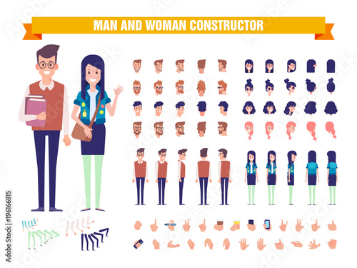 Young guy and girl students character constructor with various views, hairstyles, poses and gestures. Front, side, back view. Cartoon style, flat vector illustration.