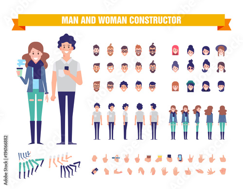Young Man and woman character constructor with various views, hairstyles, poses and gestures. Front, side, back view. Cartoon style, flat vector illustration. 