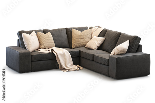 Modern textile Ikea Kivik sofa with gold pillows. 3d render photo