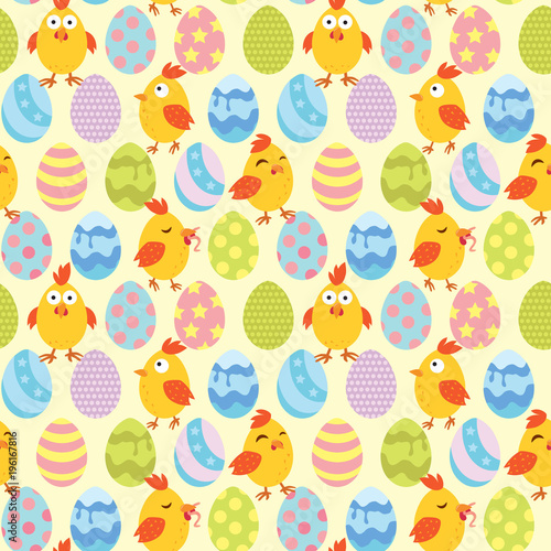 Yellow wallpaper with yellow chickens in different poses in colorful eggs. Suitable for easter. Pattern. Vector.