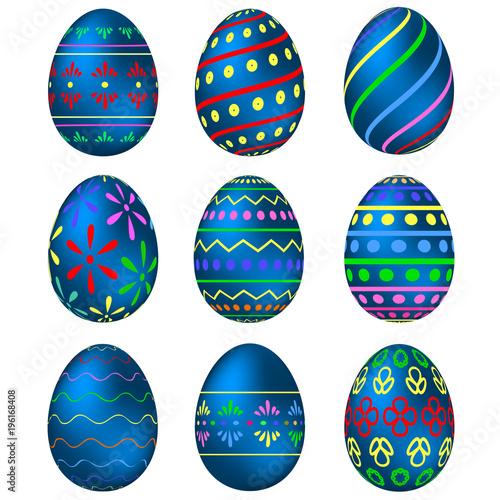 A set of blue Easter eggs with patterns