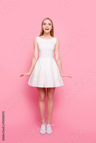 Lady vertical delight rejoice people concept. Full-length full-size portrait of charming chic tender magic classy classic shocked wondered unbelievable girl gesturing like a doll isolated background