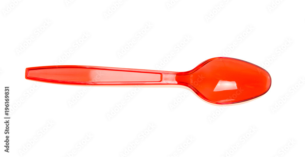 Disposable plastic spoon red, for soup isolated on white Disposable plastic spoon red, for soup isolated on white
