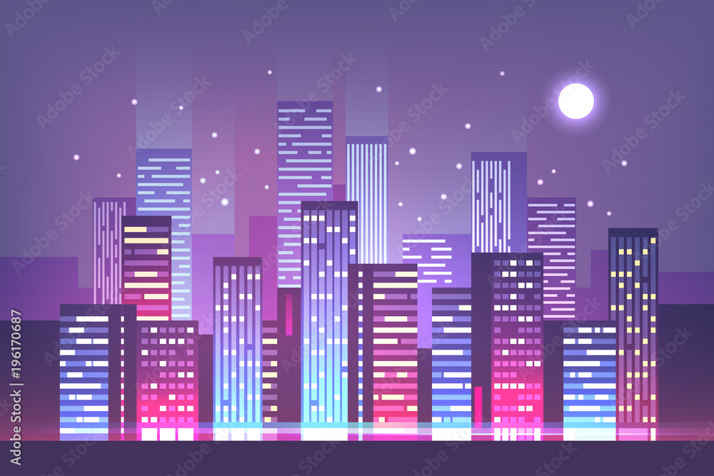 Night city skyline with neon lights. Modern city. Vector illustration.