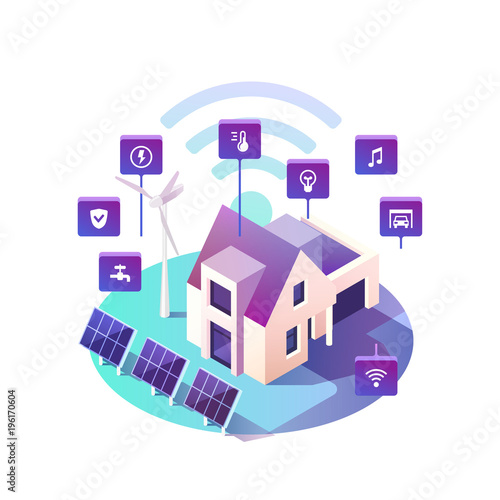 Smart home. Concept of eco friendly house technology system with centralized control. Isometric vector illustration.