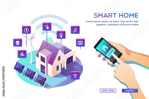 Smart home. Concept of house technology system with wireless centralized control. Isometric vector illustration.