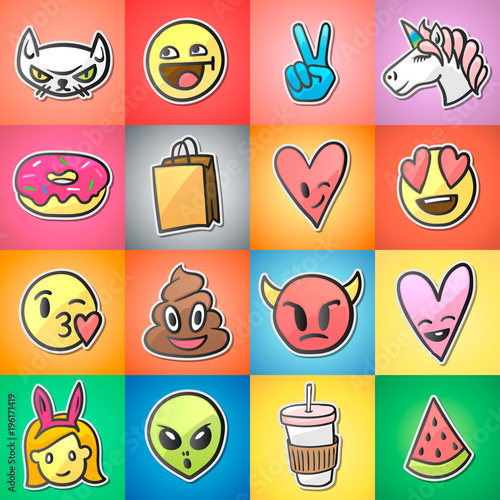 Set of colorful emoticons, emoji, stickers backgound, vector illustration. photo