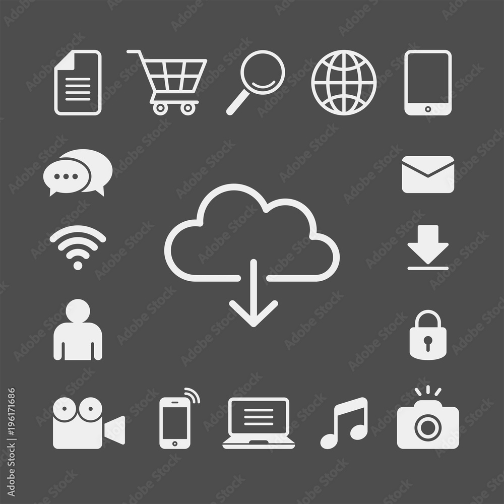 Cloud computing flat vector icons set. Grocery cart, magnifier, globe, book, email, lock, camera, photography, music, laptop, smartphone, camcorder, user, wifi, chat flat vector icons Cloud computing flat vector icons set. Grocery cart, magnifier, globe, book, email, lock, camera, photography, music, laptop, smartphone, camcorder, user, wifi, chat flat vector icons