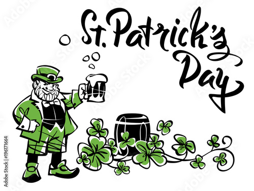 Leprechaun with a mug, celebrates St. Patrick's Day. Against the background of the barrel and the Irish shamrock. Hand
