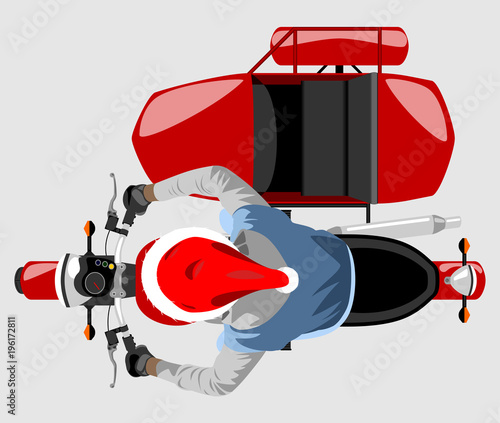 Santa on classic sidecar motorcycle top view isolated color vector illustration