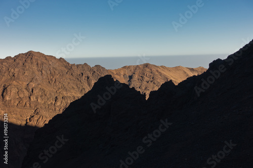 Mountain peaks of High Atlas mountains at surise in Toubkal national park, Morocco, North Africa