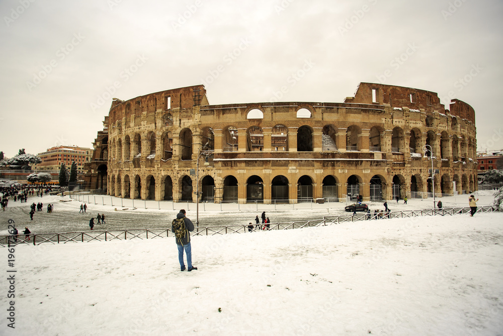 Colosseum and Fori imperiali, snow in Rome 