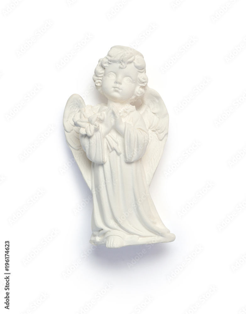 Small plaster angel. Symbol of Easter isolated clipping mask on white background with path, top view