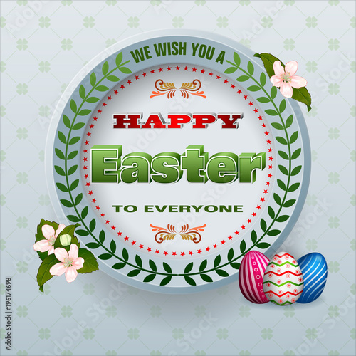 Holiday background design with 3d texts, Easter eggs and apple flowers for Easter celebration; Vector illustration