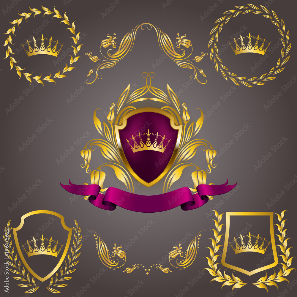 Set Of Golden Royal Shields With Floral Elements Ribbons Laurel