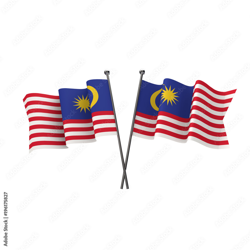 Malaysia flags crossed isolated on a white background. 3D Rendering