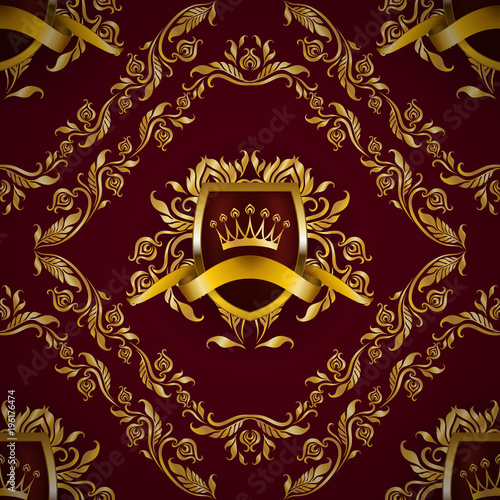 Golden royal shield, floral element, ribbon, damask ornament on background for site, web design. Old frame, border, crown, realistic seamless pattern in vintage style for label, emblem, badge, logo