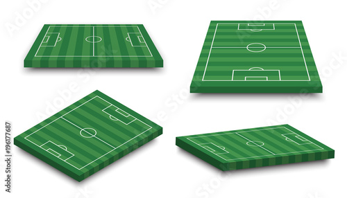 Set of 3D football field on white isolated background . Perspective and isometric aspect . Vector