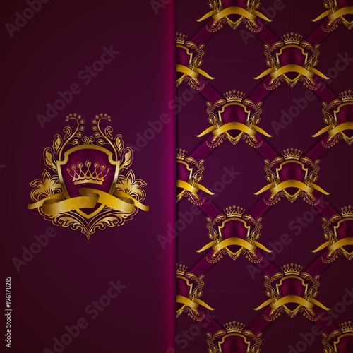 Elegant gold shield with gold crown, filigree decor on ornate background. Luxury floral seamless pattern, monogram, blazon in vintage style for page, site design, vip card. Vector illustration.