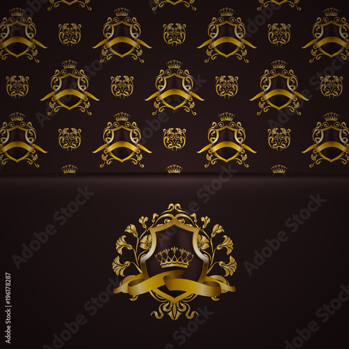 Elegant gold shield with gold crown, filigree decor on ornate background. Luxury floral seamless pattern, monogram, blazon in vintage style for page, site design, vip card. Vector illustration.